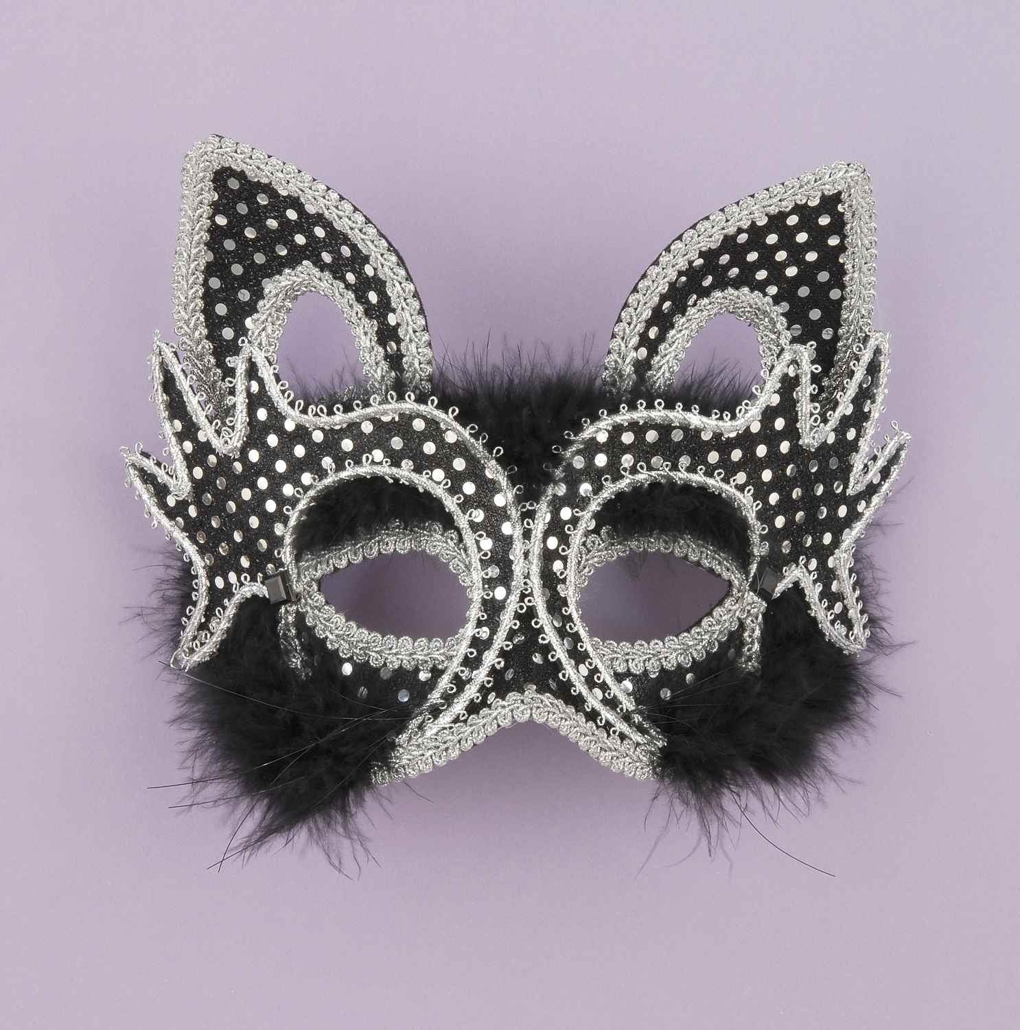 Marabou Feather Black Cat Half Mask