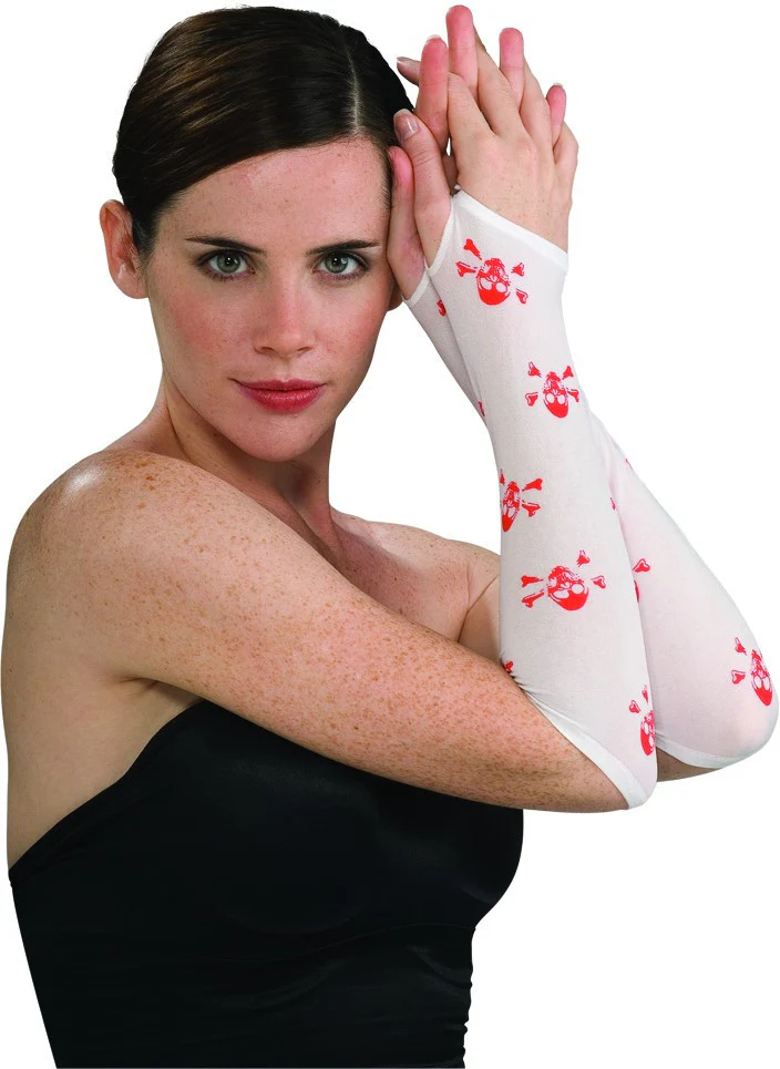 White Fingerless Gloves with Skulls