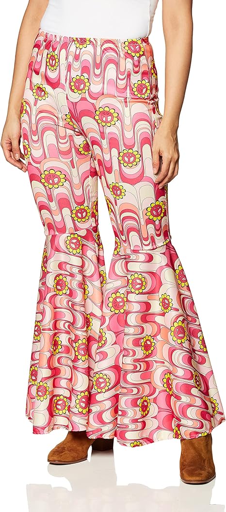 Womens Pink Flower Power Bell Bottom Hippie Costume Pants
