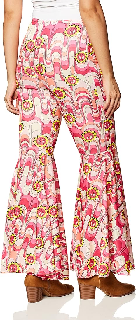 Womens Pink Flower Power Bell Bottom Hippie Costume Pants - Image 2