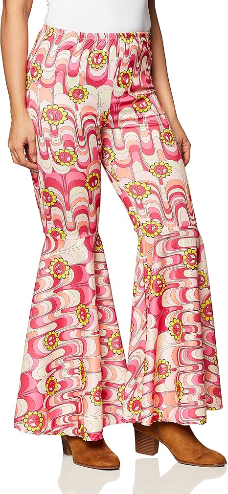 Womens Pink Flower Power Bell Bottom Hippie Costume Pants - Image 3